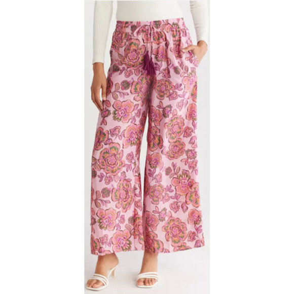 T TAHARI Drawstring Waist Wide Leg Pants In Princess Floral Size Small 4-8 NEW - Picture 1 of 5